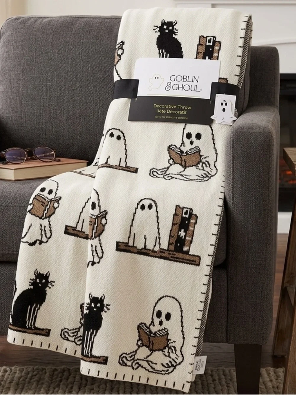 Goblin & Ghoul Ghost Reading Book Viral Knit Decorative Throw Blanket